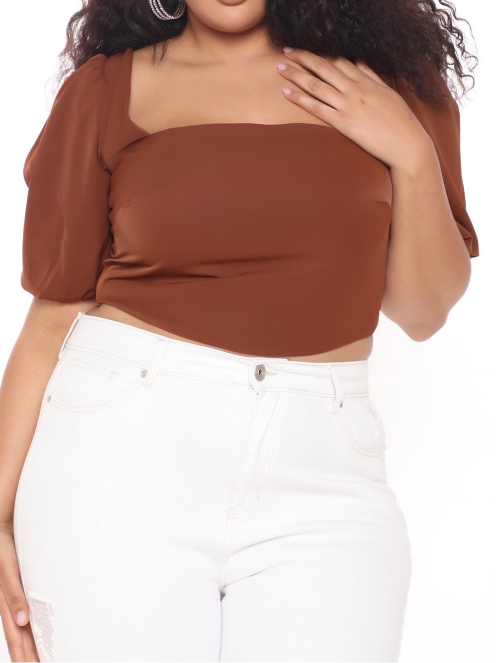 Square Neck Puff Sleeve Crop Top in Brown